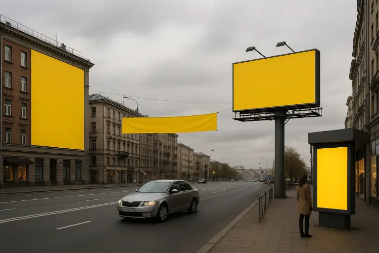 Разные виды баннеров: фасадный, над дорогой, билборд, интерьерный