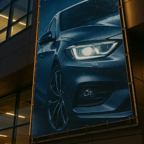 Баннер автомойки в Гродно — вертикальная растяжка на фасаде, вечерняя подсветка