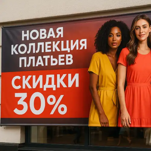 Баннер магазина одежды в Гродно — «Скидки 30%», реклама новой коллекции платьев