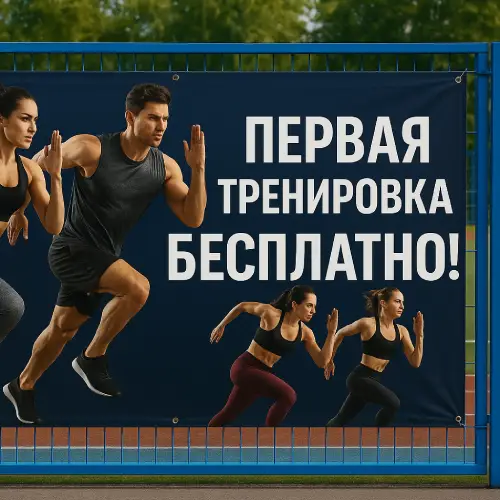 Баннер фитнес-центра в Гродно — «Первая тренировка бесплатно!» на ограждении спорткомплекса