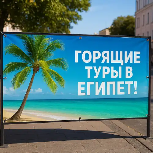 Туристический баннер «Горящие туры в Египет!» — уличная установка, дневной свет