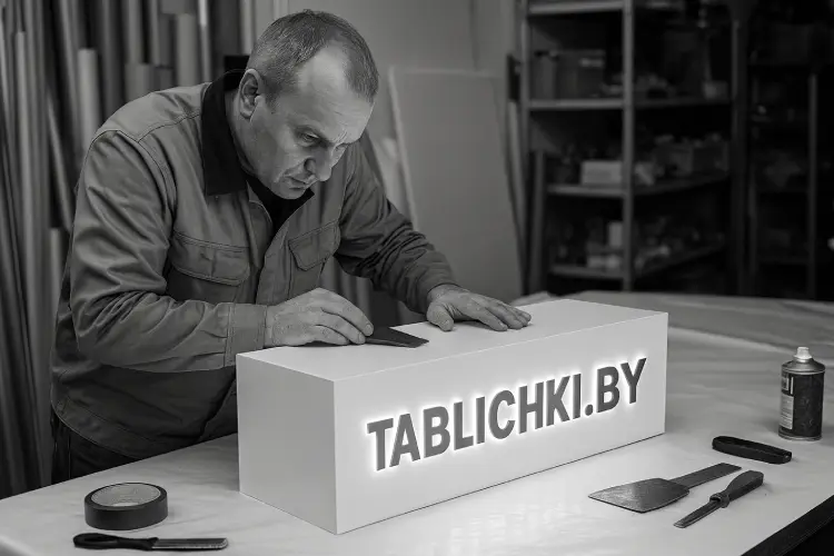 Сборка светового короба в производственном цеху