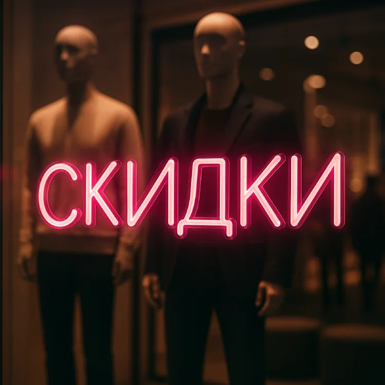 Неоновая надпись «СКИДКИ» — витрина магазина, розовый неон