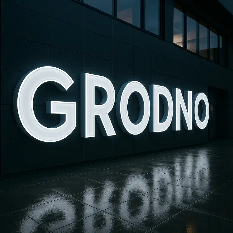 Фасадные объемные буквы «GRODNO» — белый LED, сумерки
