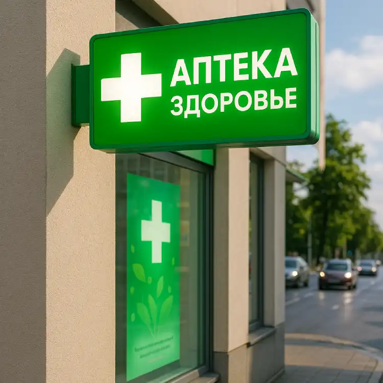 Светодиодная вывеска аптеки «Здоровье» — зеленый лайтбокс с белым крестом и текстом, угол здания