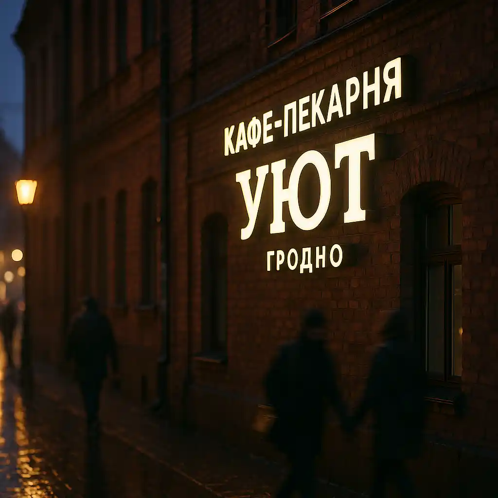 Световая вывеска кафе-пекарни «Уют» в Гродно — объемные буквы с теплой подсветкой на кирпичном фасаде
