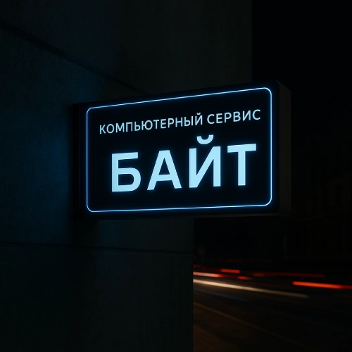 Акцентная вывеска компьютерного сервиса «Байт» — тонкая акриловая панель с гравировкой и подсветкой торца синим